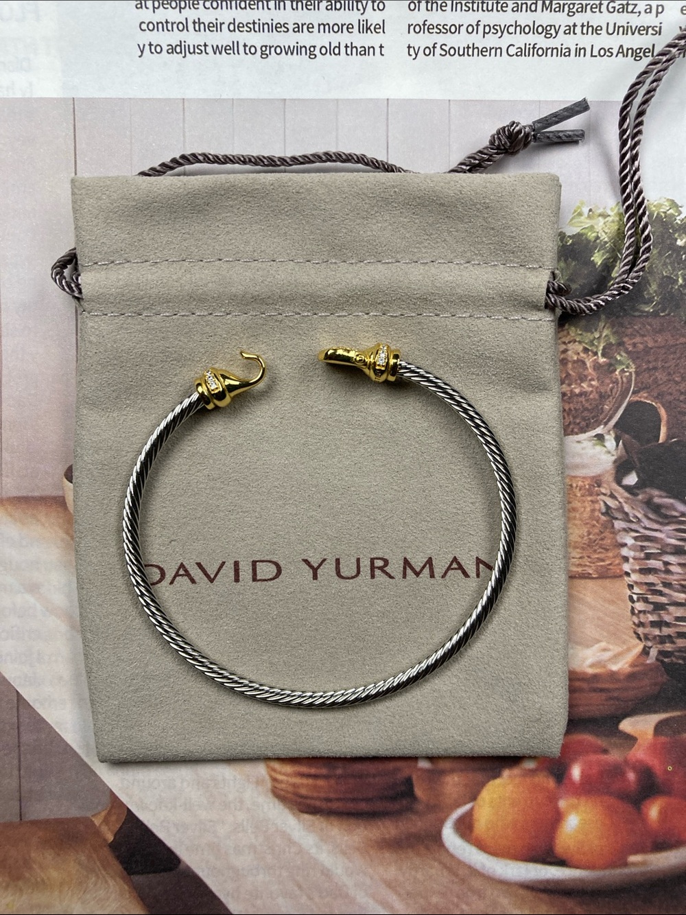 David Yurman Two-Tone Cable Cuff Bracelet — Silver and Gold Accents